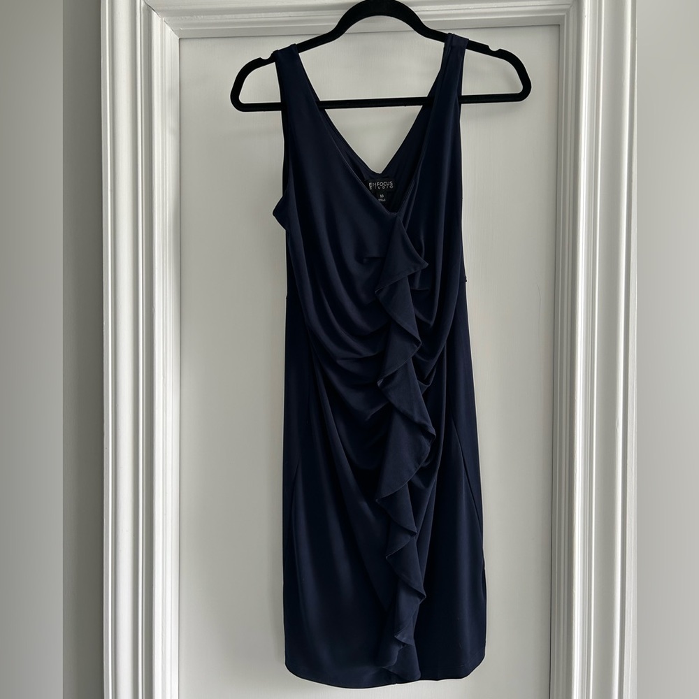 Navy ruffle front mini dress. Size 10.